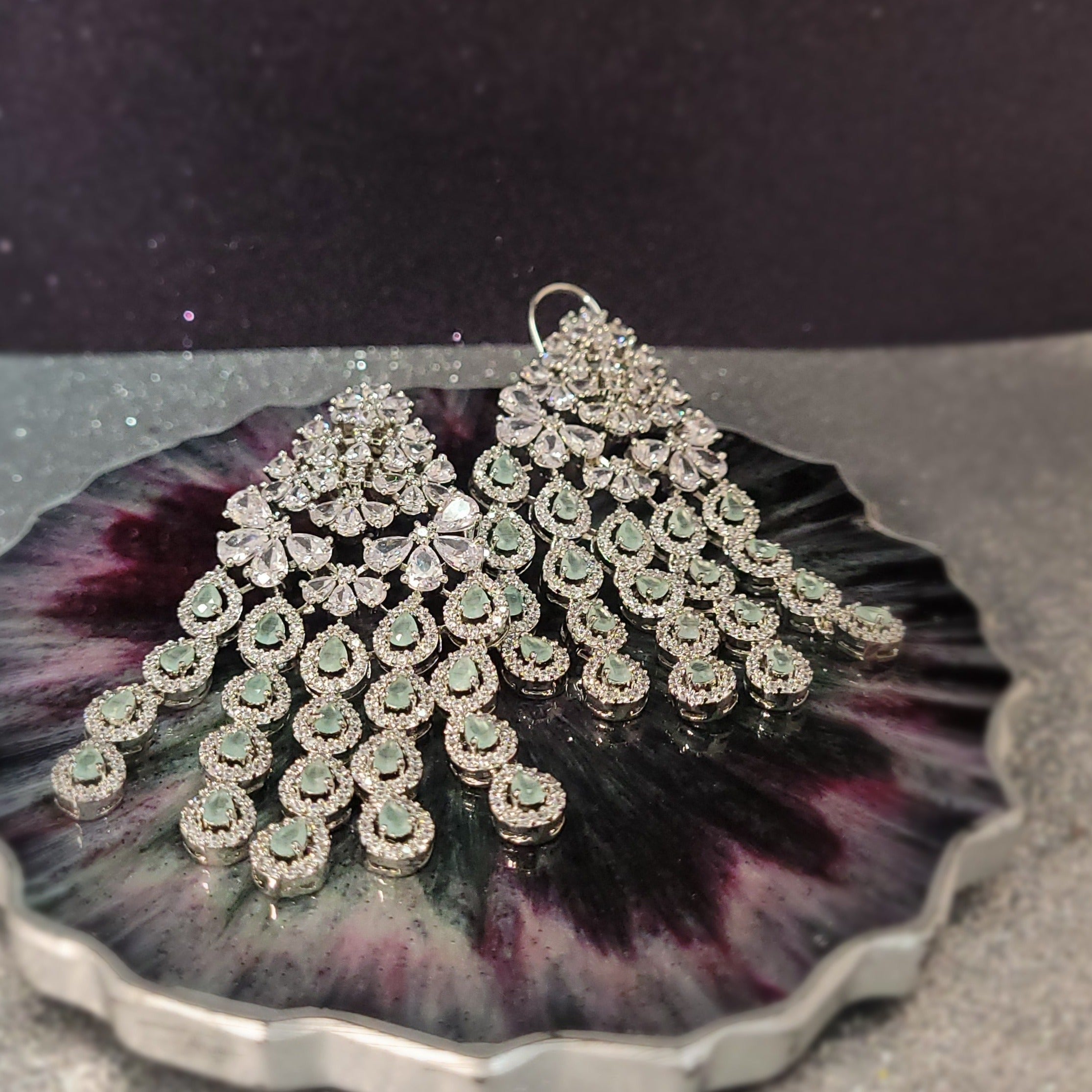 Women Jewelry  - Chandelier Earrings - American Diamond- Peacock Feather inspired